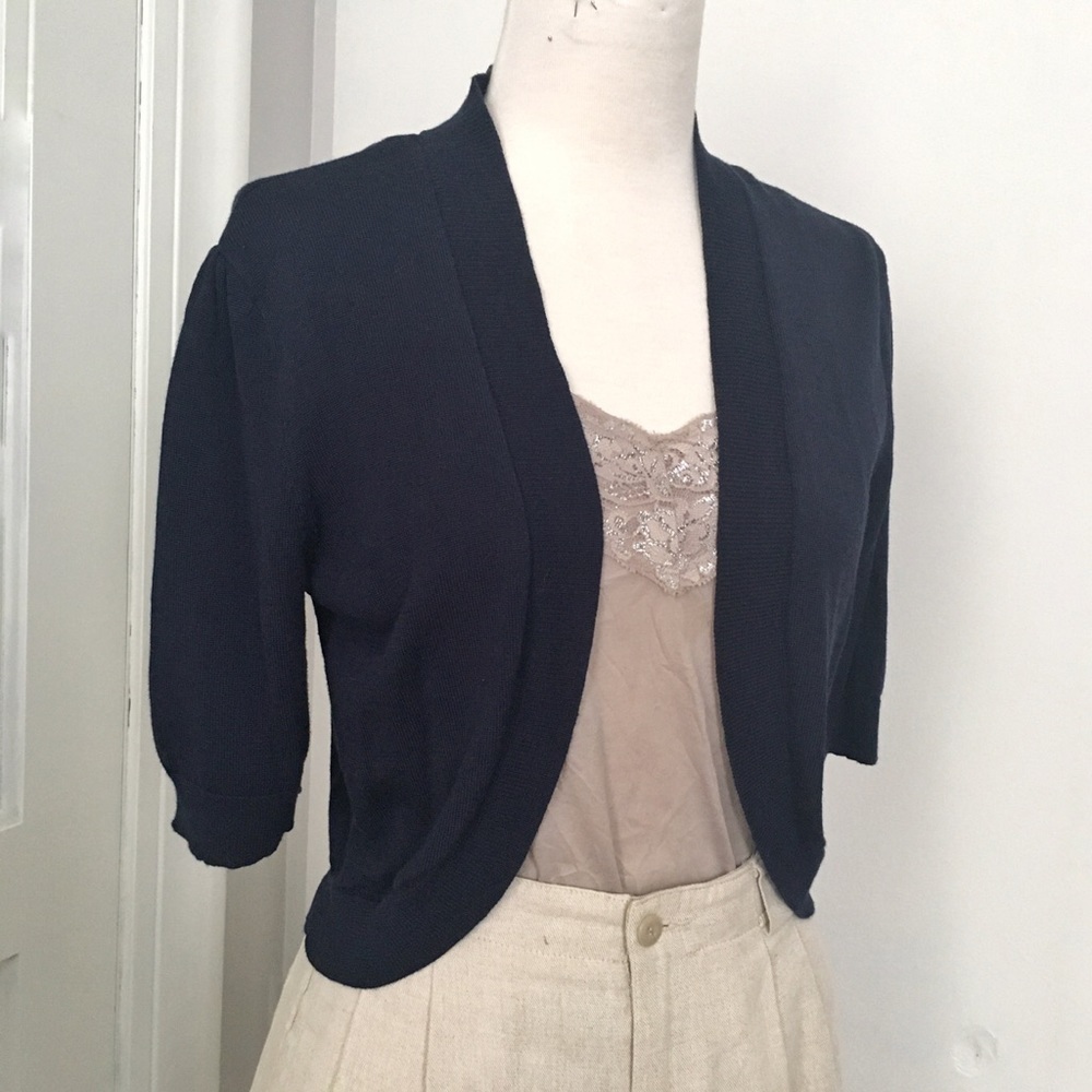 Vintage Chaps Ralph Lauren Modest Navy Cropped 3/4 Sleeves Cardigan S